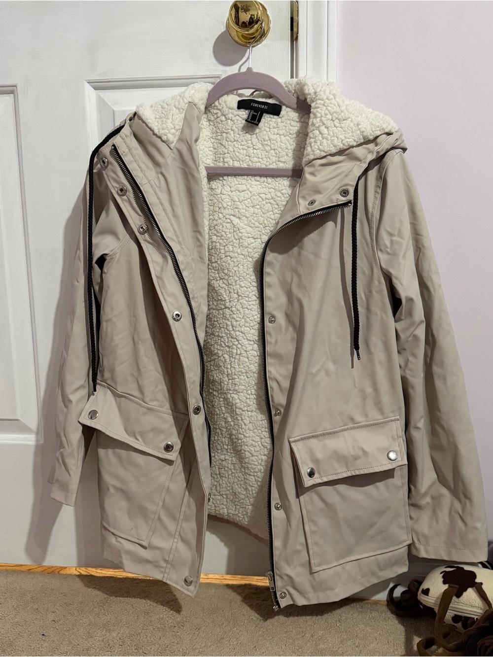 Forever 21 Women's Cream Hooded Sherpa-Lined Parka Jacket